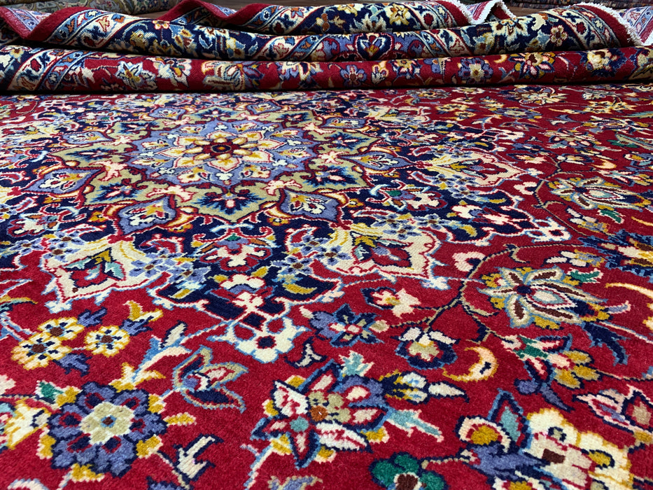 9'10" × 13'1" Hand-Knotted Wool Rug – Persian Red with Navy Floral Border