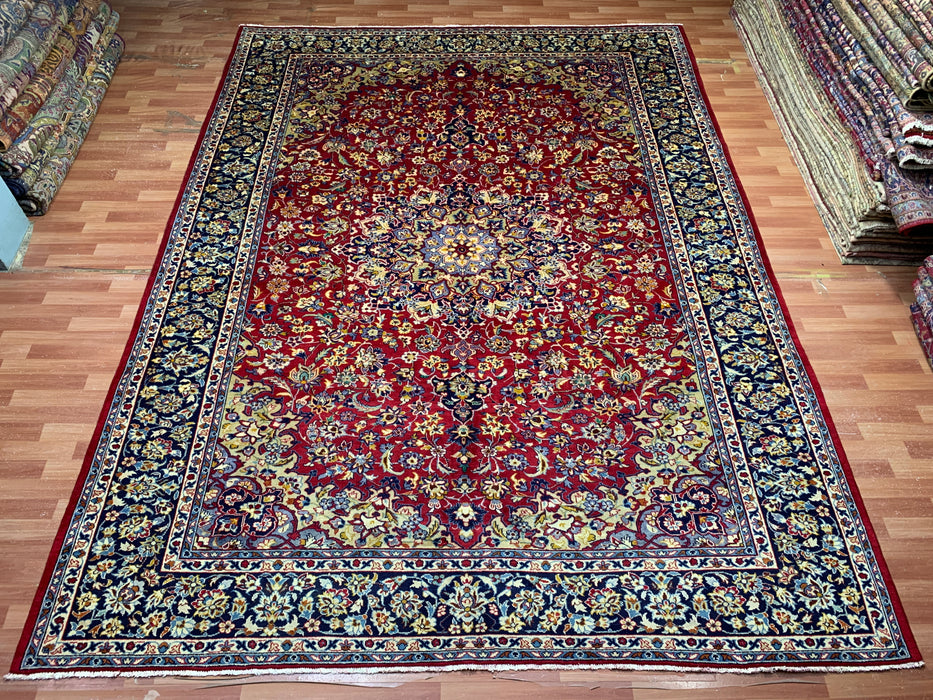 9'10" × 13'1" Hand-Knotted Wool Rug – Persian Red with Navy Floral Border
