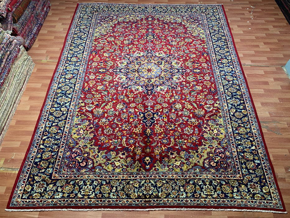 9'10" × 13'1" Hand-Knotted Wool Rug – Persian Red with Navy Floral Border