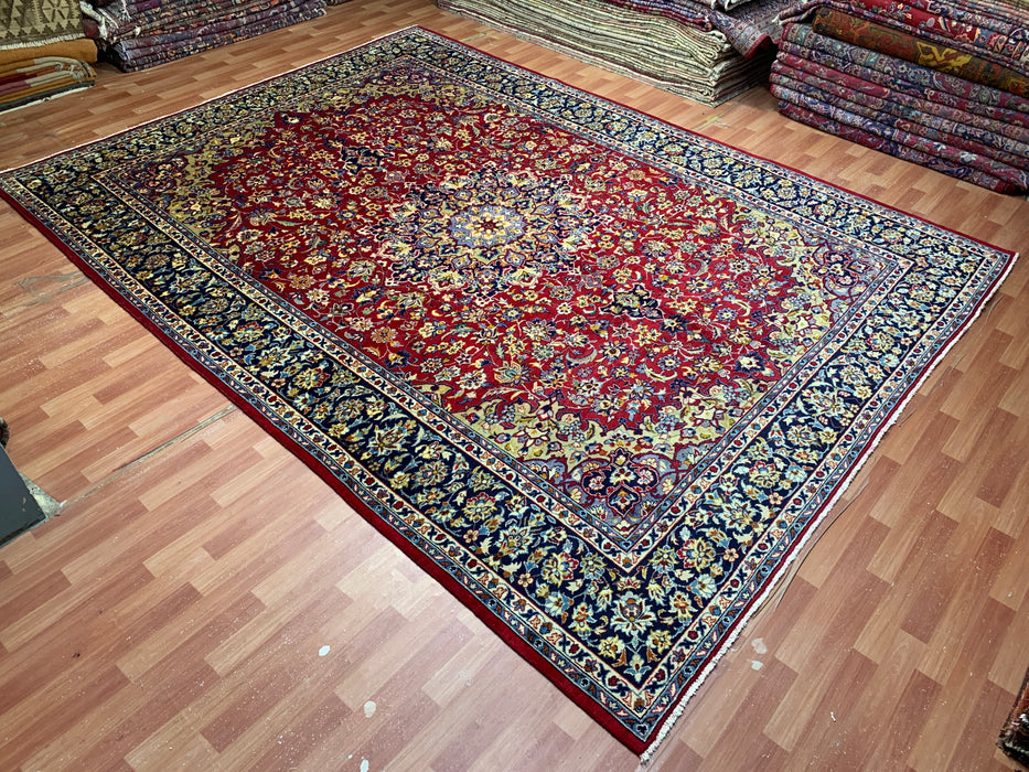 9'10" × 13'1" Hand-Knotted Wool Rug – Persian Red with Navy Floral Border
