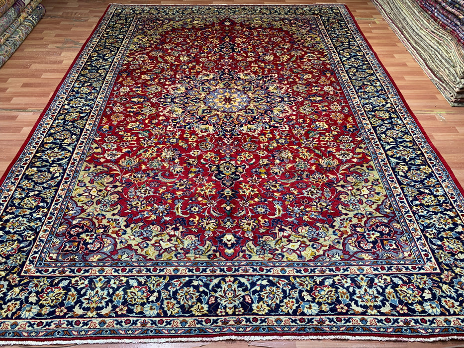 9'10" × 13'1" Hand-Knotted Wool Rug – Persian Red with Navy Floral Border