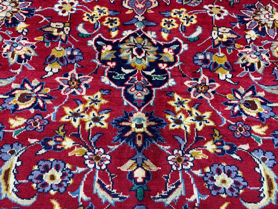 9'10" × 13'1" Hand-Knotted Wool Rug – Persian Red with Navy Floral Border