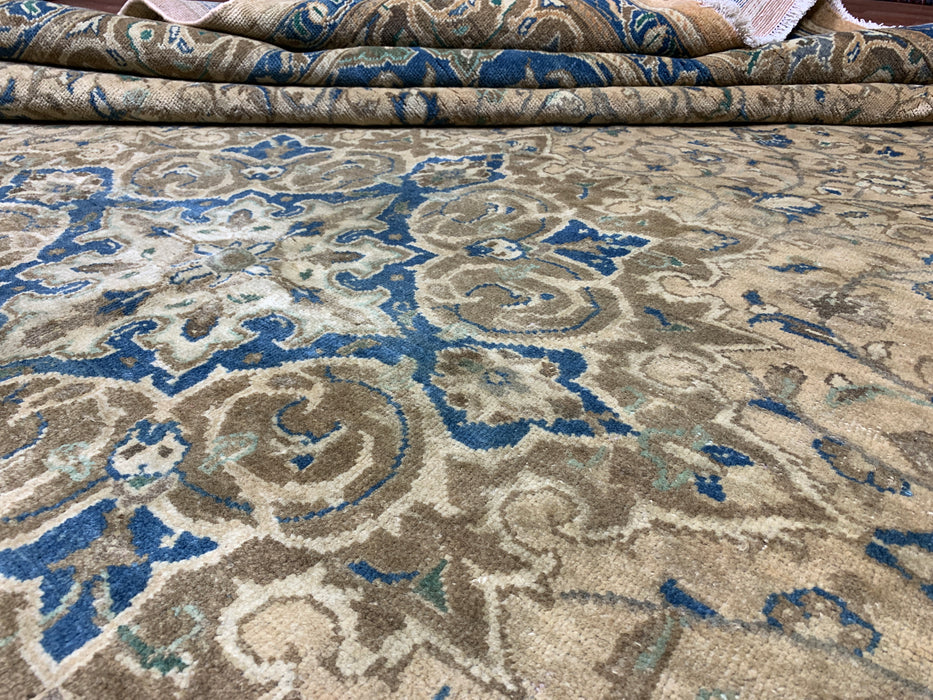 9'9" × 12'10" Hand-Knotted Persian Wool Rug – Beige with Blue Floral Medallion Design