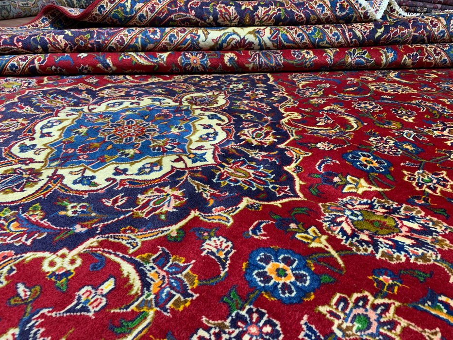 10'1" × 12'10" Hand-Knotted Wool Rug – Persian Red Medallion with Navy Border