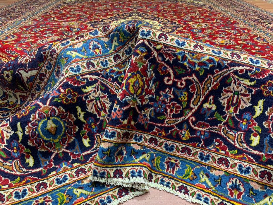 10'1" × 12'10" Hand-Knotted Wool Rug – Persian Red Medallion with Navy Border