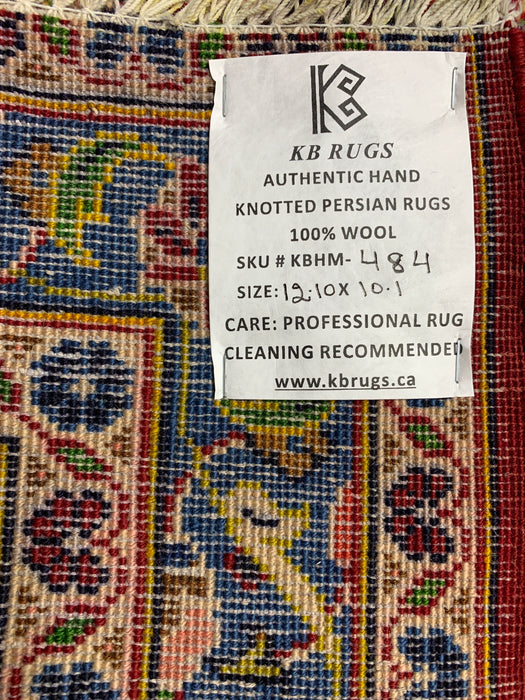 10'1" × 12'10" Hand-Knotted Wool Rug – Persian Red Medallion with Navy Border