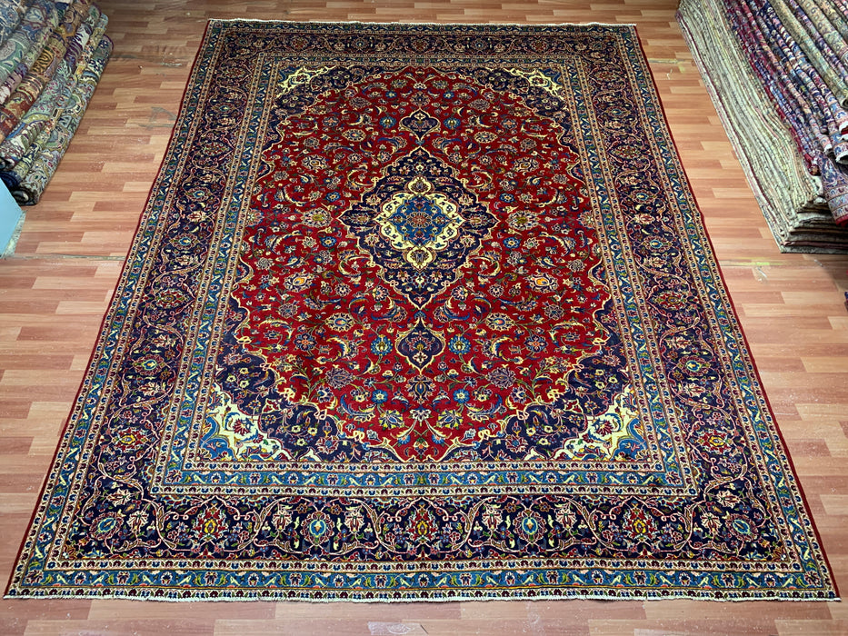 10'1" × 12'10" Hand-Knotted Wool Rug – Persian Red Medallion with Navy Border