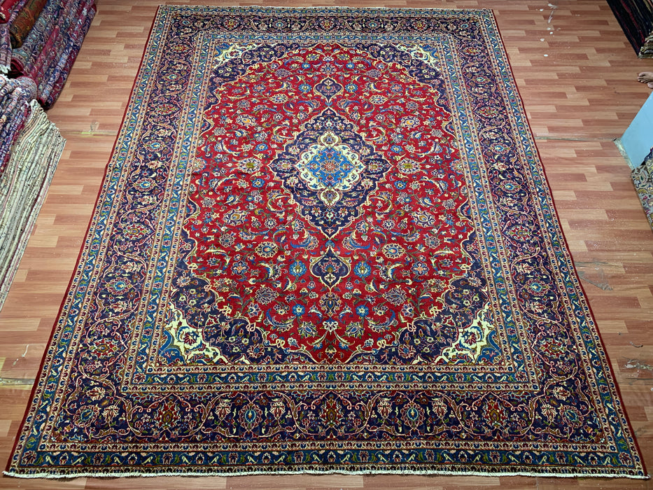 10'1" × 12'10" Hand-Knotted Wool Rug – Persian Red Medallion with Navy Border