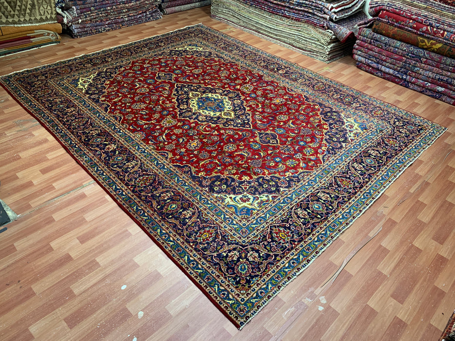 10'1" × 12'10" Hand-Knotted Wool Rug – Persian Red Medallion with Navy Border