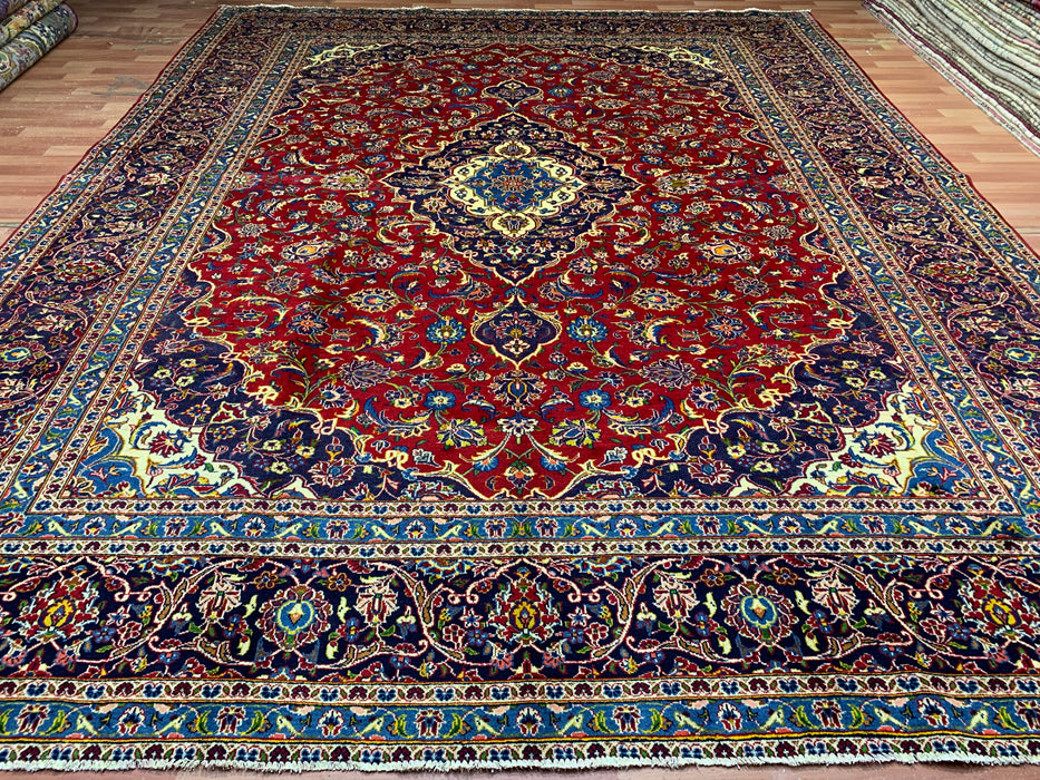 10'1" × 12'10" Hand-Knotted Wool Rug – Persian Red Medallion with Navy Border