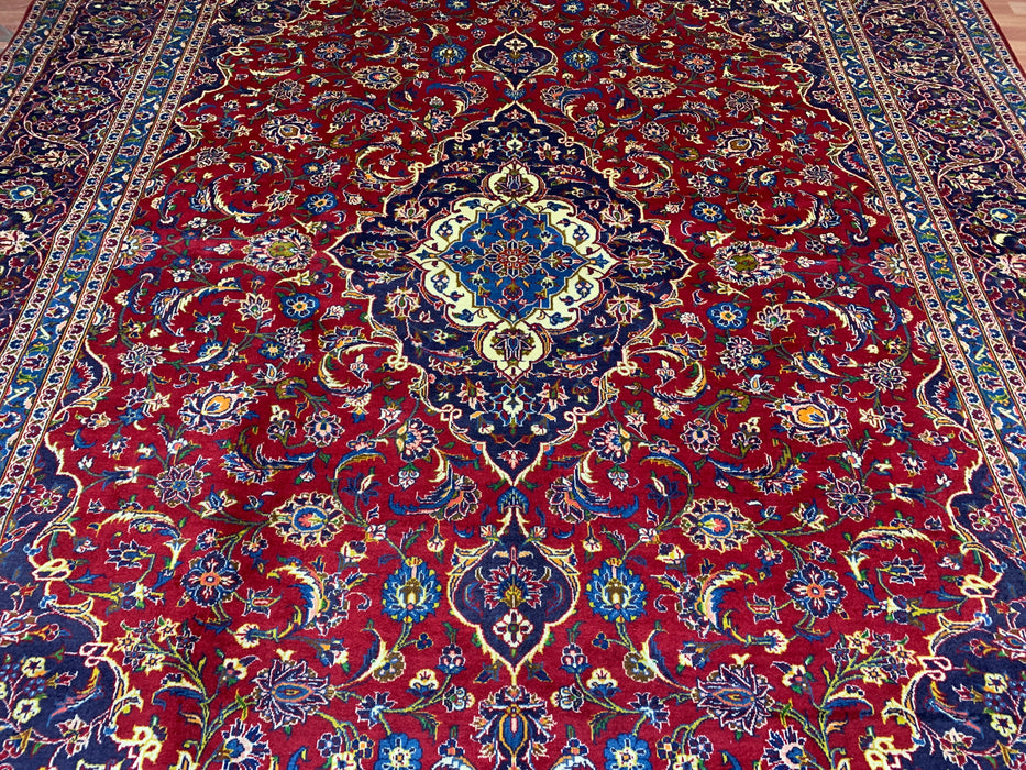 10'1" × 12'10" Hand-Knotted Wool Rug – Persian Red Medallion with Navy Border