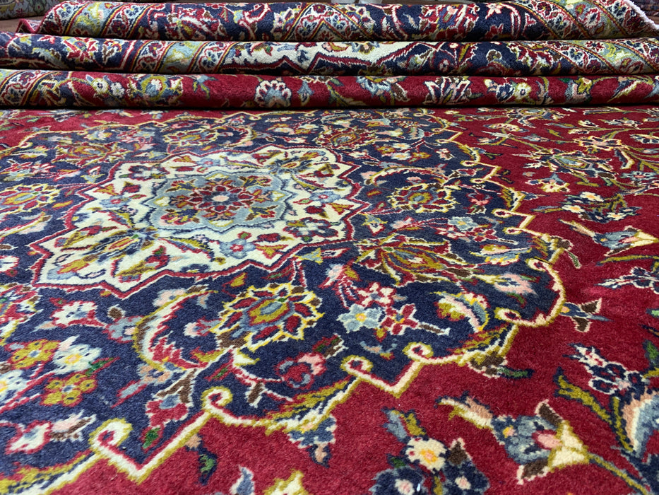 9'7" × 13'2" Hand-Knotted Wool Rug – Persian Red & Navy Floral Medallion Desig