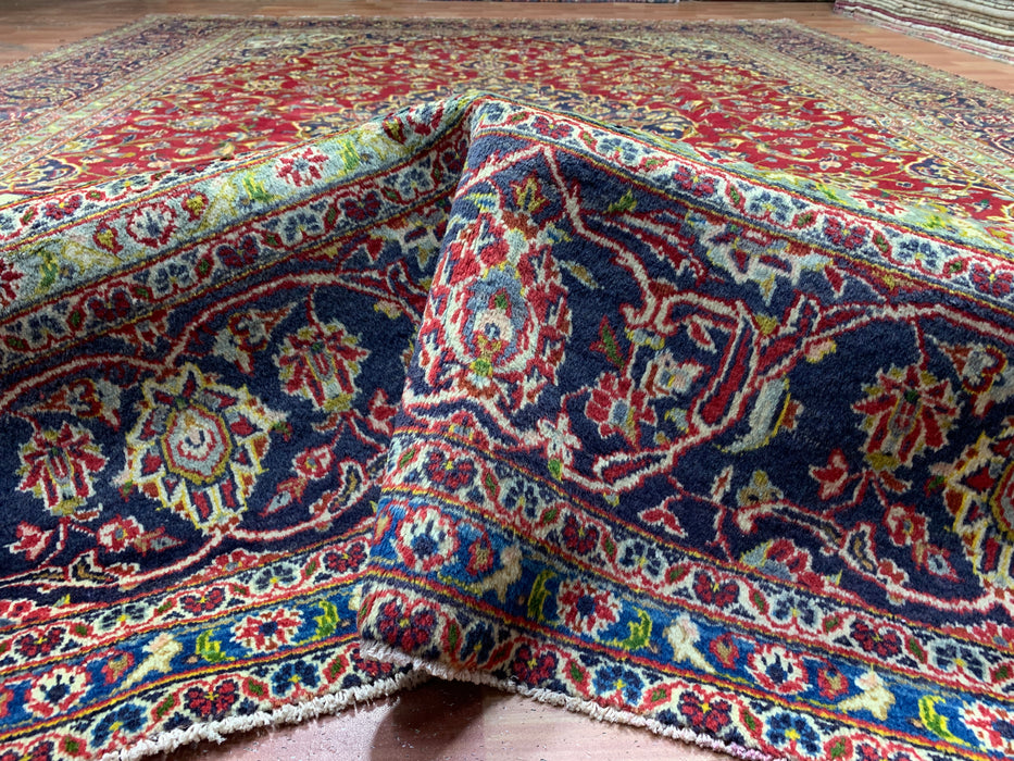 9'7" × 13'2" Hand-Knotted Wool Rug – Persian Red & Navy Floral Medallion Desig