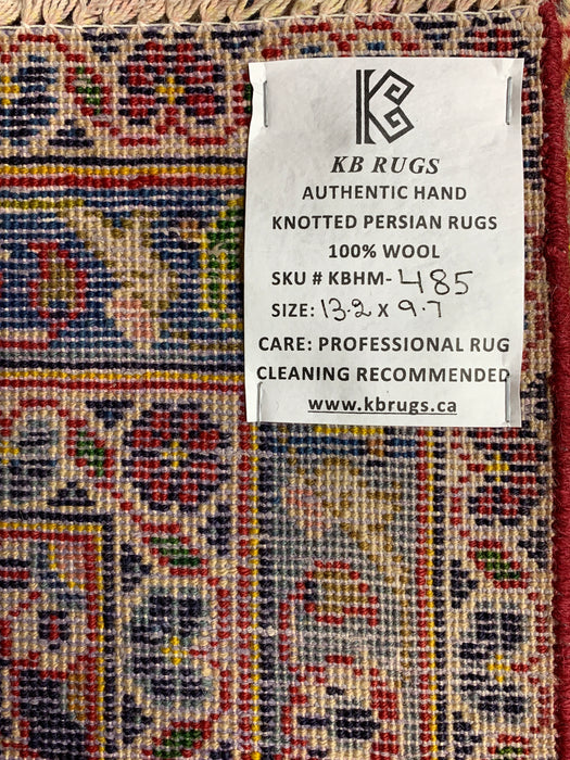 9'7" × 13'2" Hand-Knotted Wool Rug – Persian Red & Navy Floral Medallion Desig