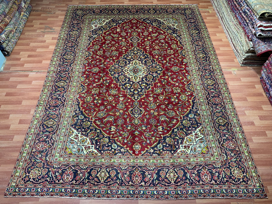 9'7" × 13'2" Hand-Knotted Wool Rug – Persian Red & Navy Floral Medallion Desig