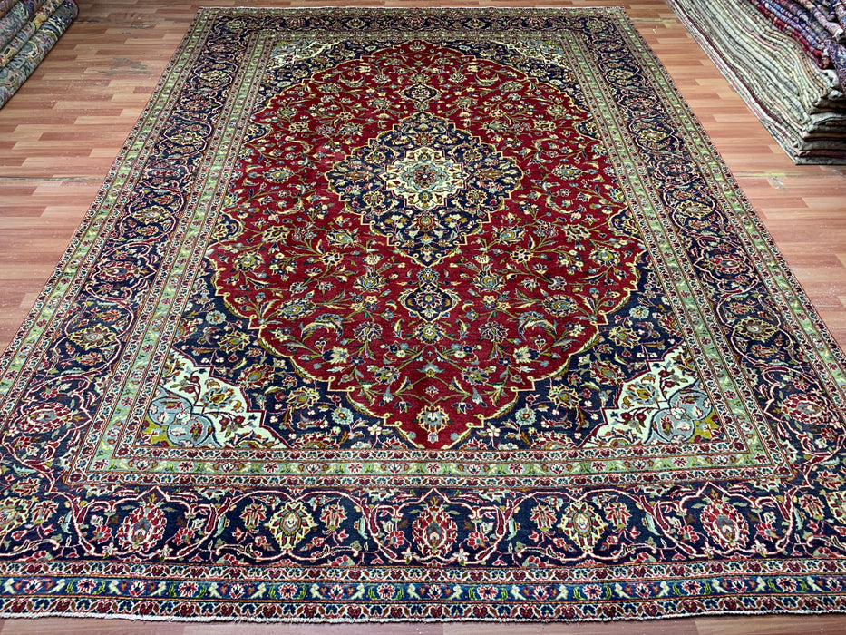 9'7" × 13'2" Hand-Knotted Wool Rug – Persian Red & Navy Floral Medallion Desig