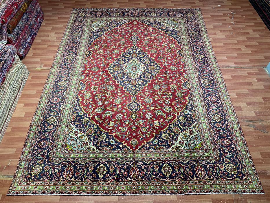 9'7" × 13'2" Hand-Knotted Wool Rug – Persian Red & Navy Floral Medallion Desig