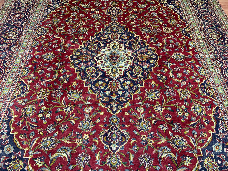 9'7" × 13'2" Hand-Knotted Wool Rug – Persian Red & Navy Floral Medallion Desig