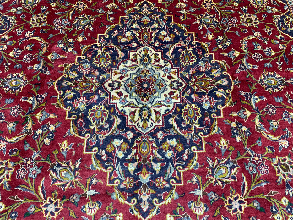 9'7" × 13'2" Hand-Knotted Wool Rug – Persian Red & Navy Floral Medallion Desig
