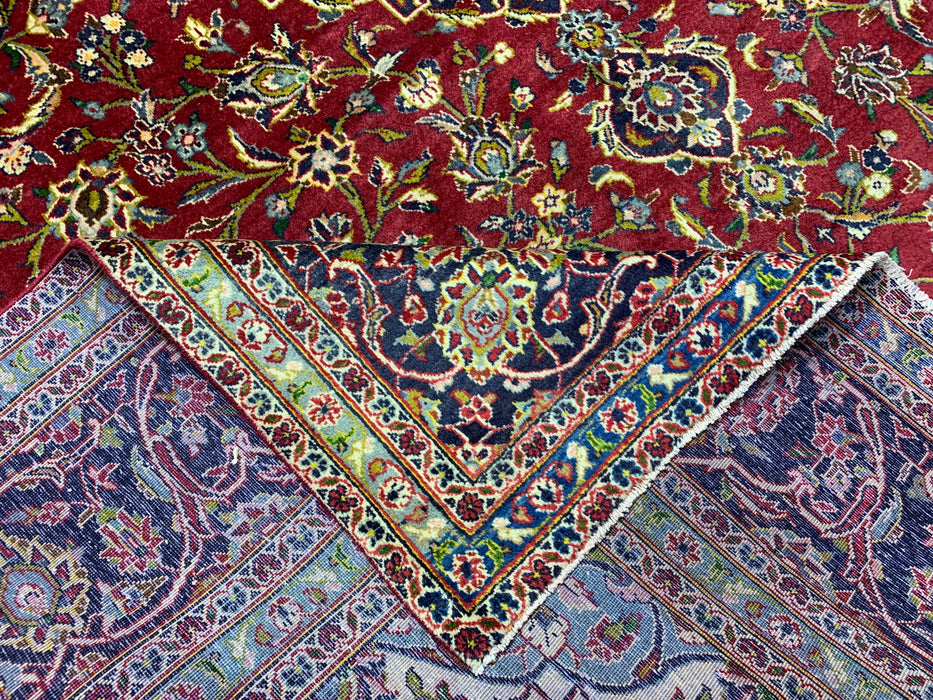 9'7" × 13'2" Hand-Knotted Wool Rug – Persian Red & Navy Floral Medallion Desig