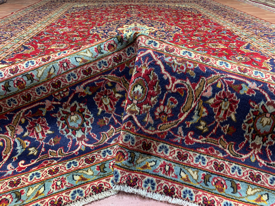 10'0" × 14'4" Hand-Knotted Wool Rug – Red Medallion with Navy Border