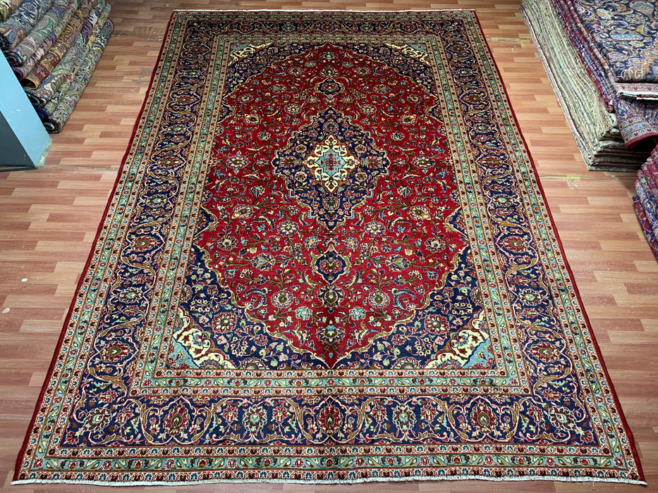 10'0" × 14'4" Hand-Knotted Wool Rug – Red Medallion with Navy Border