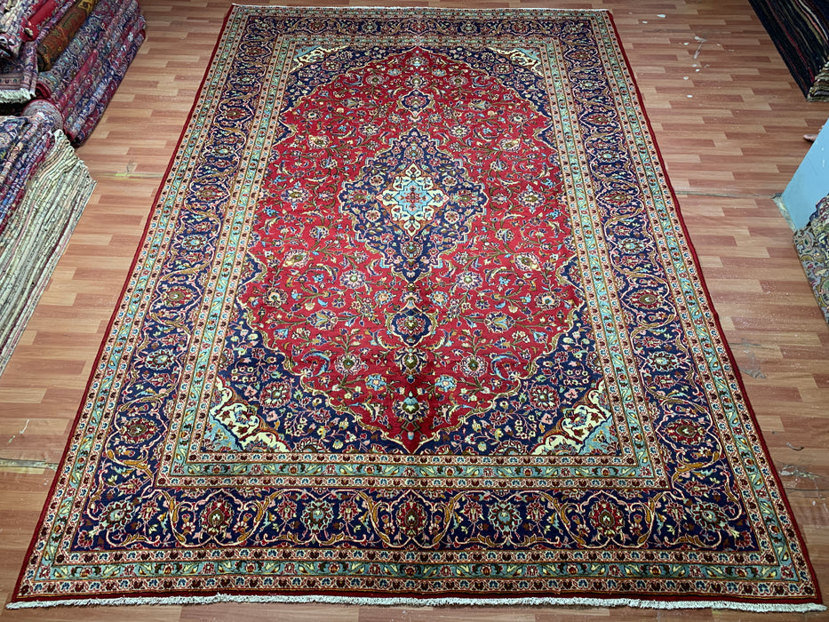 10'0" × 14'4" Hand-Knotted Wool Rug – Red Medallion with Navy Border