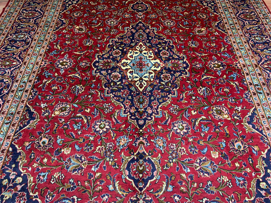 10'0" × 14'4" Hand-Knotted Wool Rug – Red Medallion with Navy Border