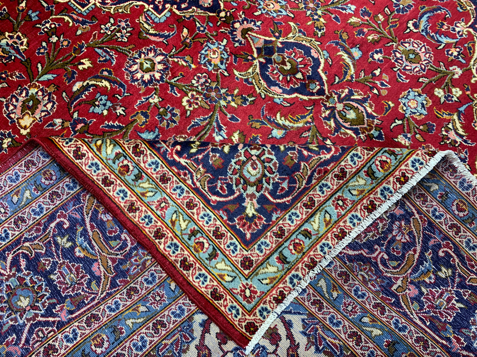 10'0" × 14'4" Hand-Knotted Wool Rug – Red Medallion with Navy Border