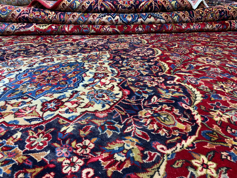 9'8" × 13'11" Hand-Knotted Wool Rug – Persian Red Medallion with Navy Border