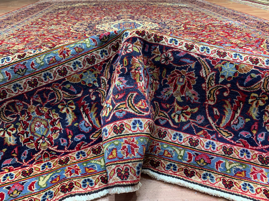 9'8" × 13'11" Hand-Knotted Wool Rug – Persian Red Medallion with Navy Border