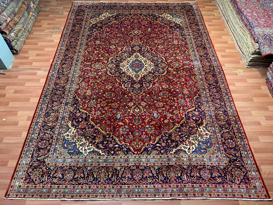 9'8" × 13'11" Hand-Knotted Wool Rug – Persian Red Medallion with Navy Border