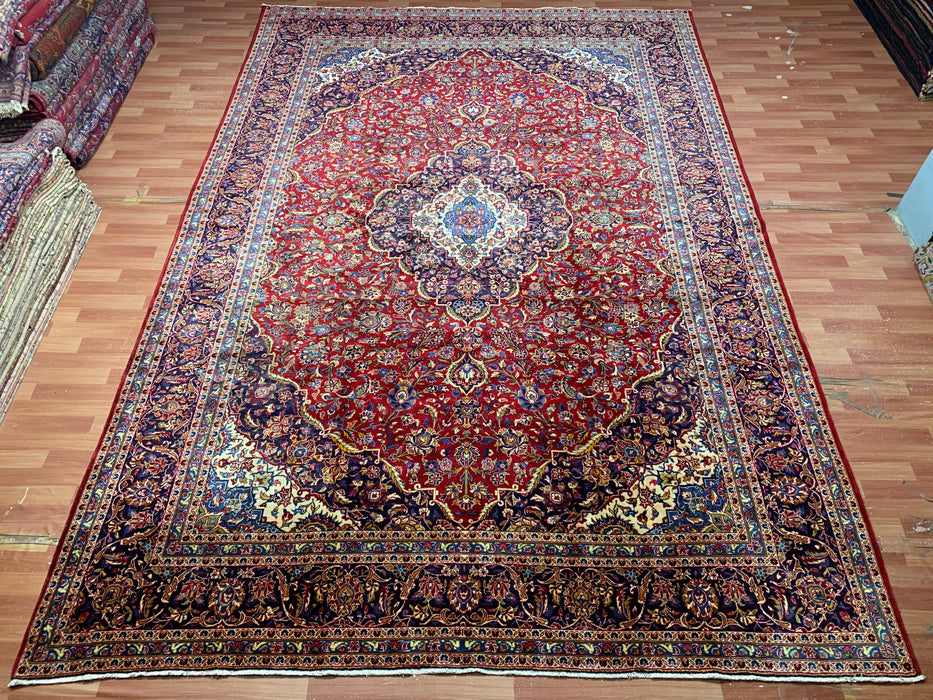 9'8" × 13'11" Hand-Knotted Wool Rug – Persian Red Medallion with Navy Border