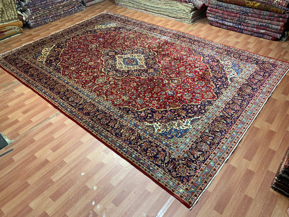 9'8" × 13'11" Hand-Knotted Wool Rug – Persian Red Medallion with Navy Border