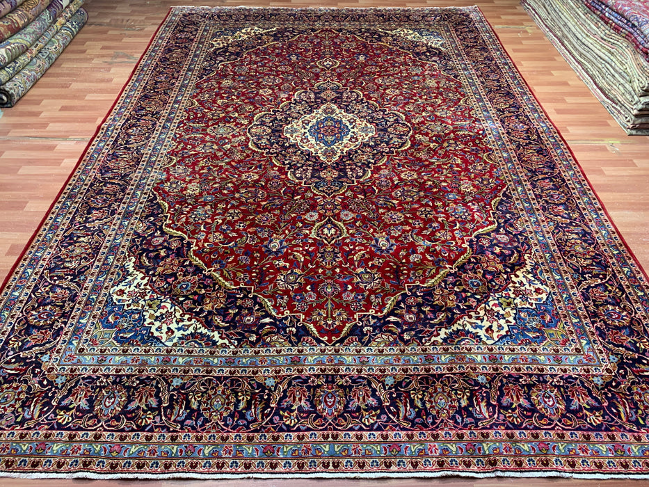9'8" × 13'11" Hand-Knotted Wool Rug – Persian Red Medallion with Navy Border