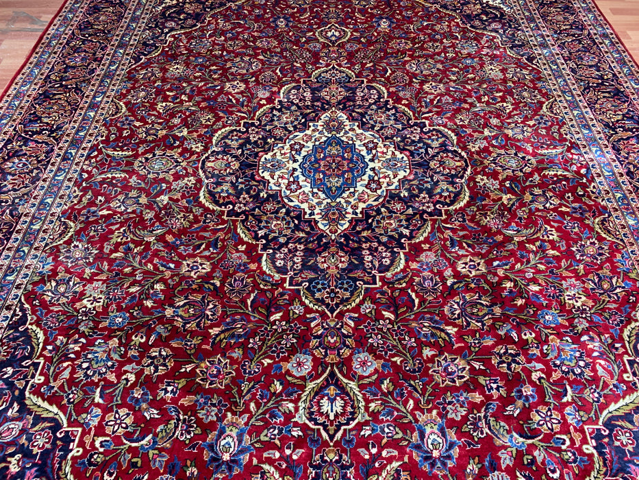 9'8" × 13'11" Hand-Knotted Wool Rug – Persian Red Medallion with Navy Border