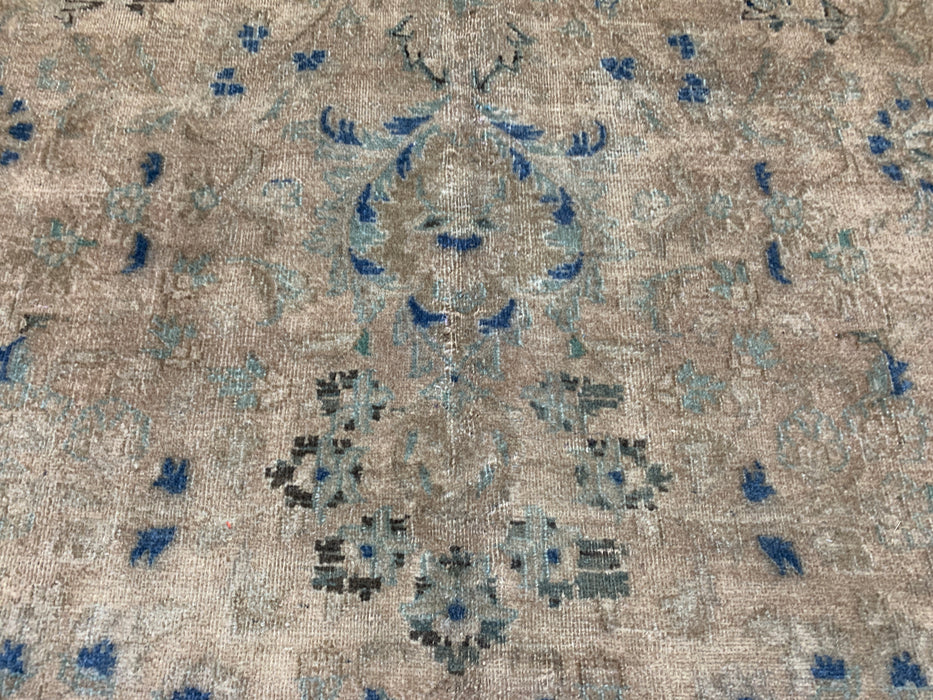 9’8” × 12’6” Hand-Knotted Wool Rug – Camel Brown Field with Navy & Taupe Floral Border