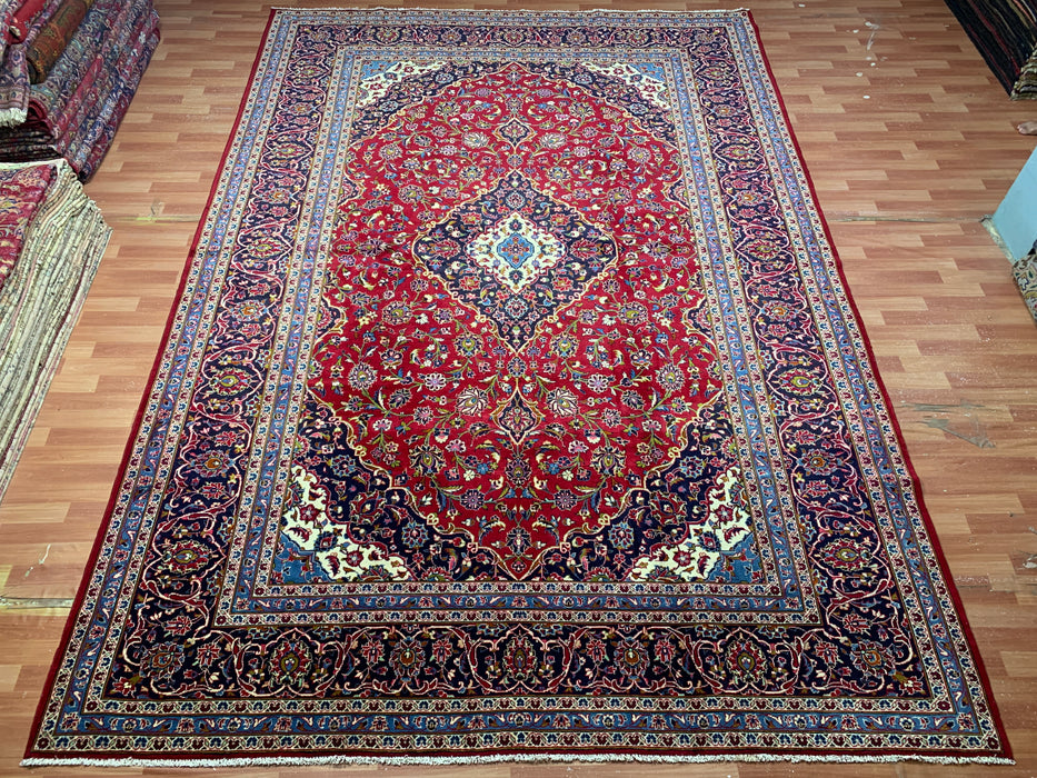 9'6" × 13'8" Hand-Knotted Wool Rug – Persian Red Medallion Design