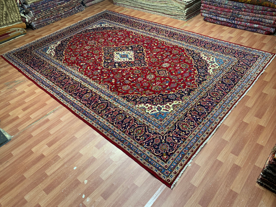 9'6" × 13'8" Hand-Knotted Wool Rug – Persian Red Medallion Design