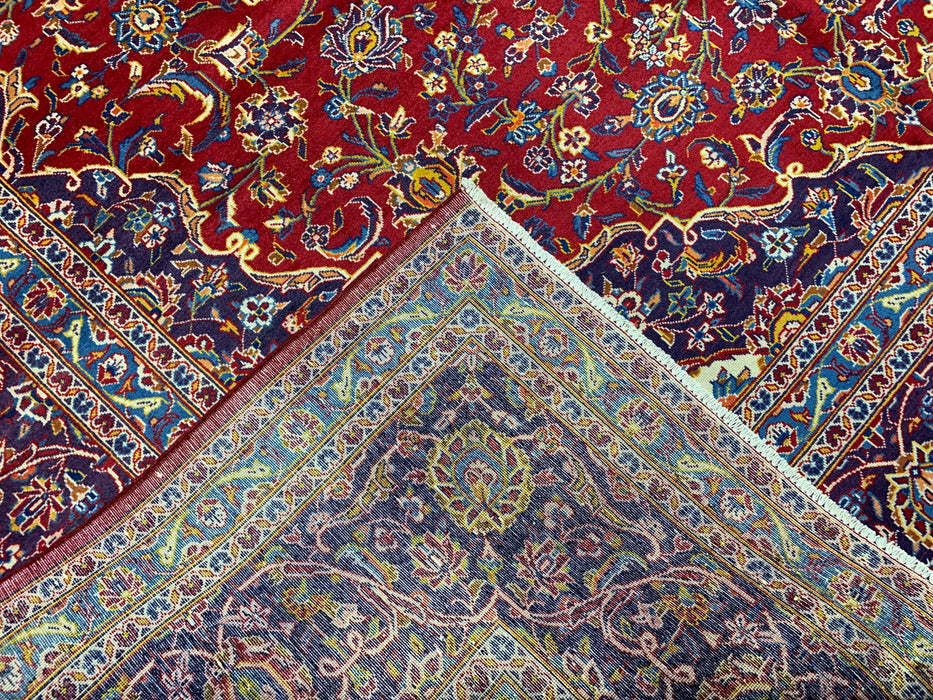 9’8” × 12’11” Hand-Knotted Wool Rug – Red with Navy & Light Blue Floral Medallion Design