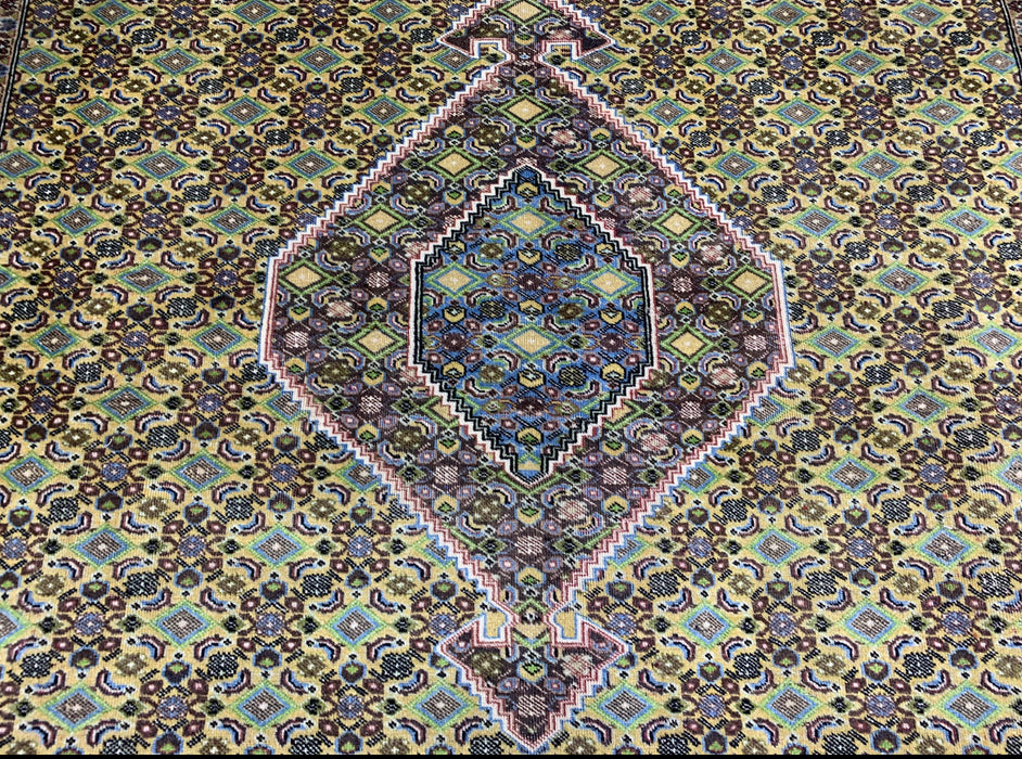 6’6” × 9’4” Hand-Knotted Wool Rug – Olive Green with Blue & Taupe Accents