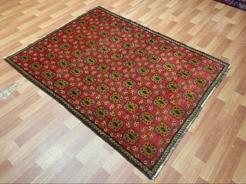 4’0” x 5’4” Hand-Knotted Turkoman Wool Rug – Classic Red Field with Gul Motifs