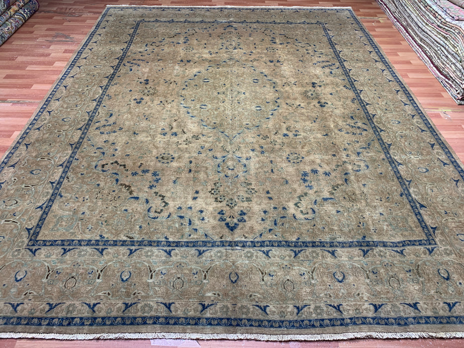 9’8” × 12’6” Hand-Knotted Wool Rug – Camel Brown Field with Navy & Taupe Floral Border