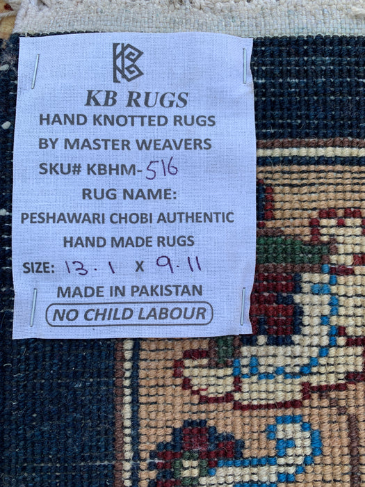 13'1 x 9'11 Hand-Knotted Peshawari Chobi Wool Rug - Navy Blue Traditional Floral Area Rug - KBHM-516