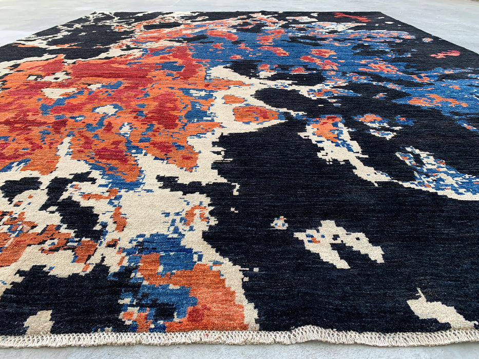 12'9 x 10'1 Hand-Knotted Peshawari Chobi Wool Rug - Modern Abstract Black Blue Rust Area Rug - KBHM-517