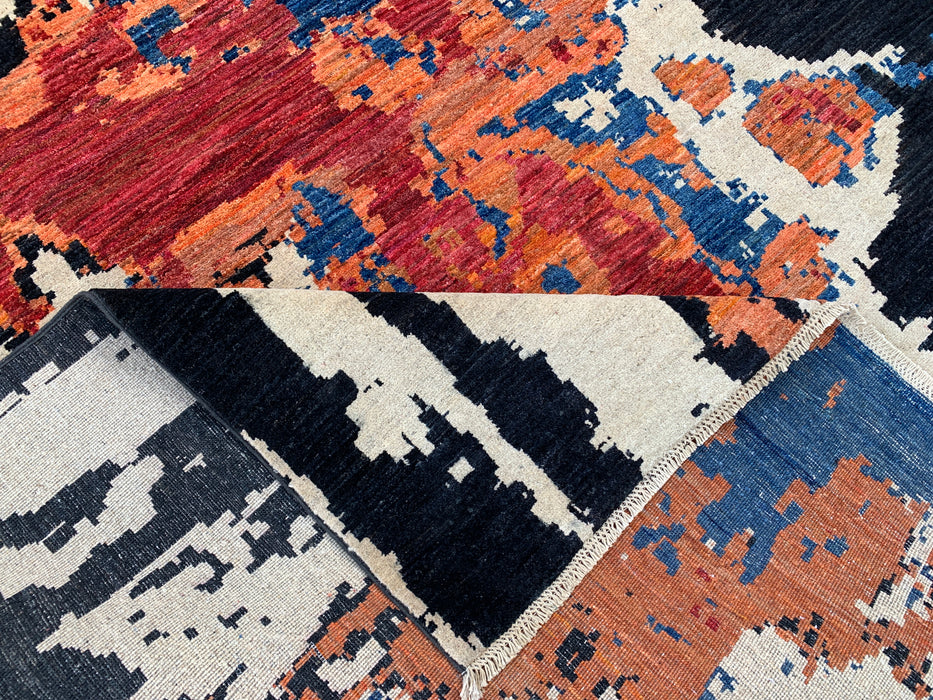 12'9 x 10'1 Hand-Knotted Peshawari Chobi Wool Rug - Modern Abstract Black Blue Rust Area Rug - KBHM-517
