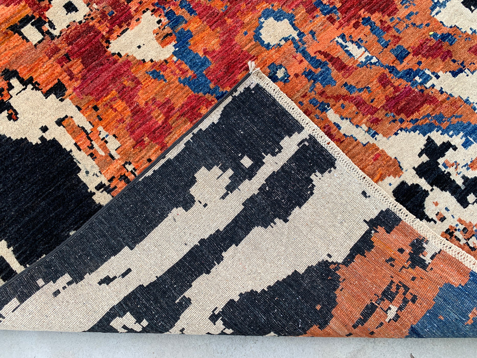 12'9 x 10'1 Hand-Knotted Peshawari Chobi Wool Rug - Modern Abstract Black Blue Rust Area Rug - KBHM-517