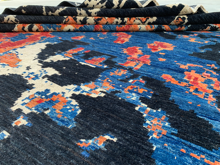 12'9 x 10'1 Hand-Knotted Peshawari Chobi Wool Rug - Modern Abstract Black Blue Rust Area Rug - KBHM-517