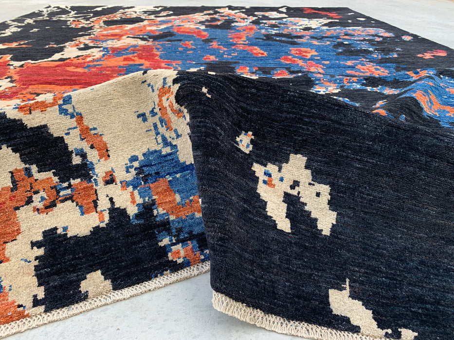 12'9 x 10'1 Hand-Knotted Peshawari Chobi Wool Rug - Modern Abstract Black Blue Rust Area Rug - KBHM-517
