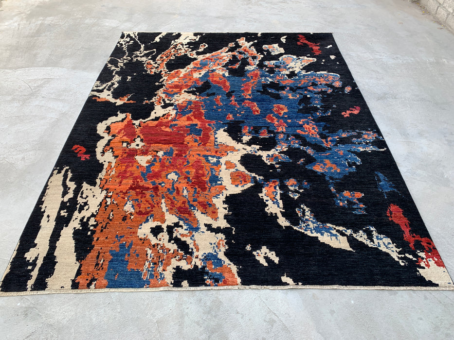 12'9 x 10'1 Hand-Knotted Peshawari Chobi Wool Rug - Modern Abstract Black Blue Rust Area Rug - KBHM-517
